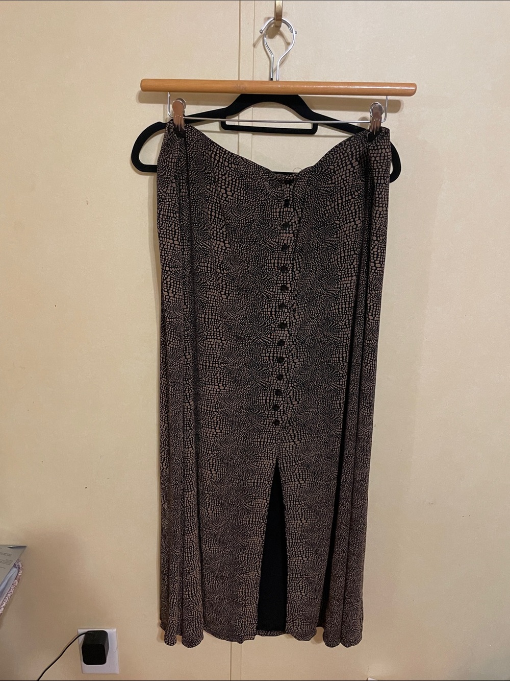 Button-Front Black and Taupe Maxi Skirt with Front Slit